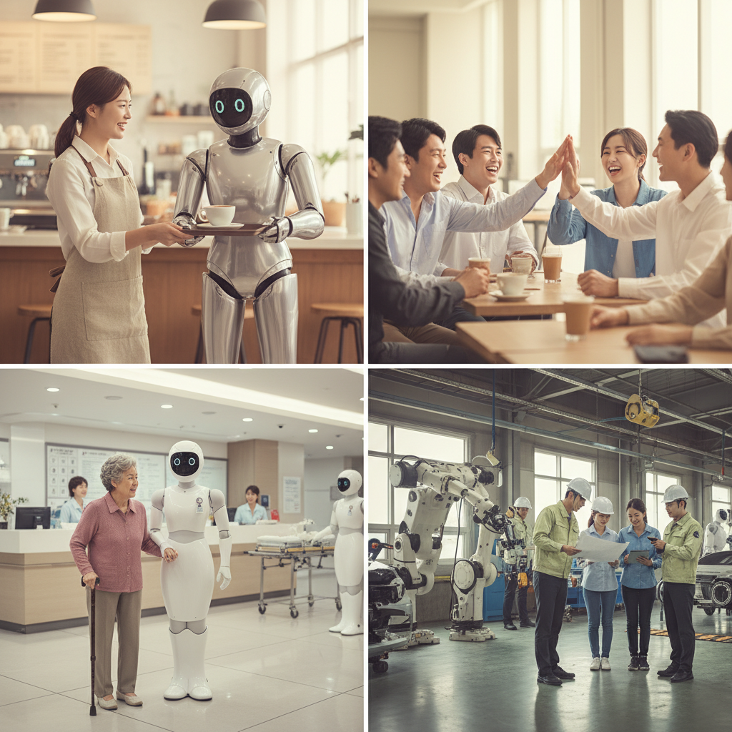A diverse group of Korean people interacting naturally with various humanoid robots in practical, everyday settings like a cafe, a hospital, and a factory floor, highlighting proven utility. Bright, warm lifestyle photography style, with a soft, inviting background. No visible text.