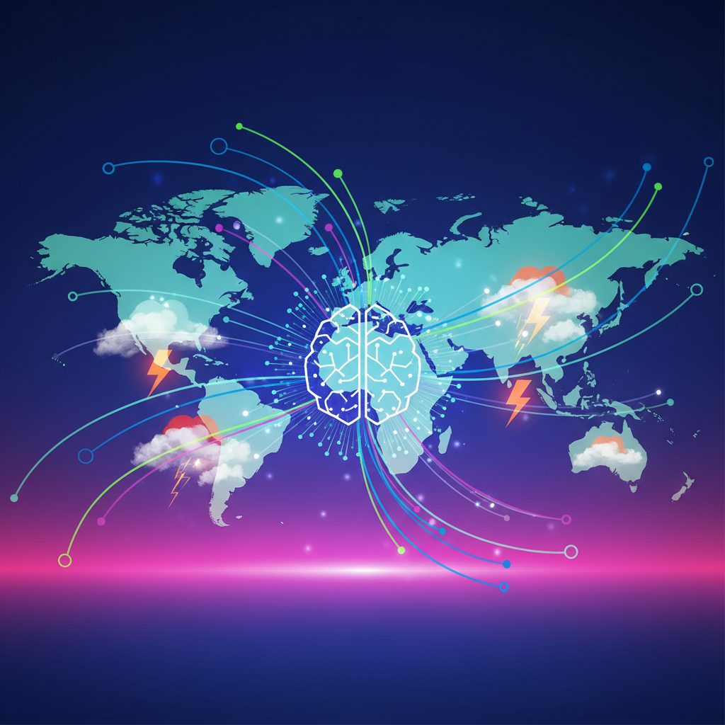 clean infographic, modern layout, high contrast. An abstract representation of artificial intelligence analyzing weather patterns, with subtle global map elements and data flows. Bright, balanced lighting, colored background. No visible text in image.