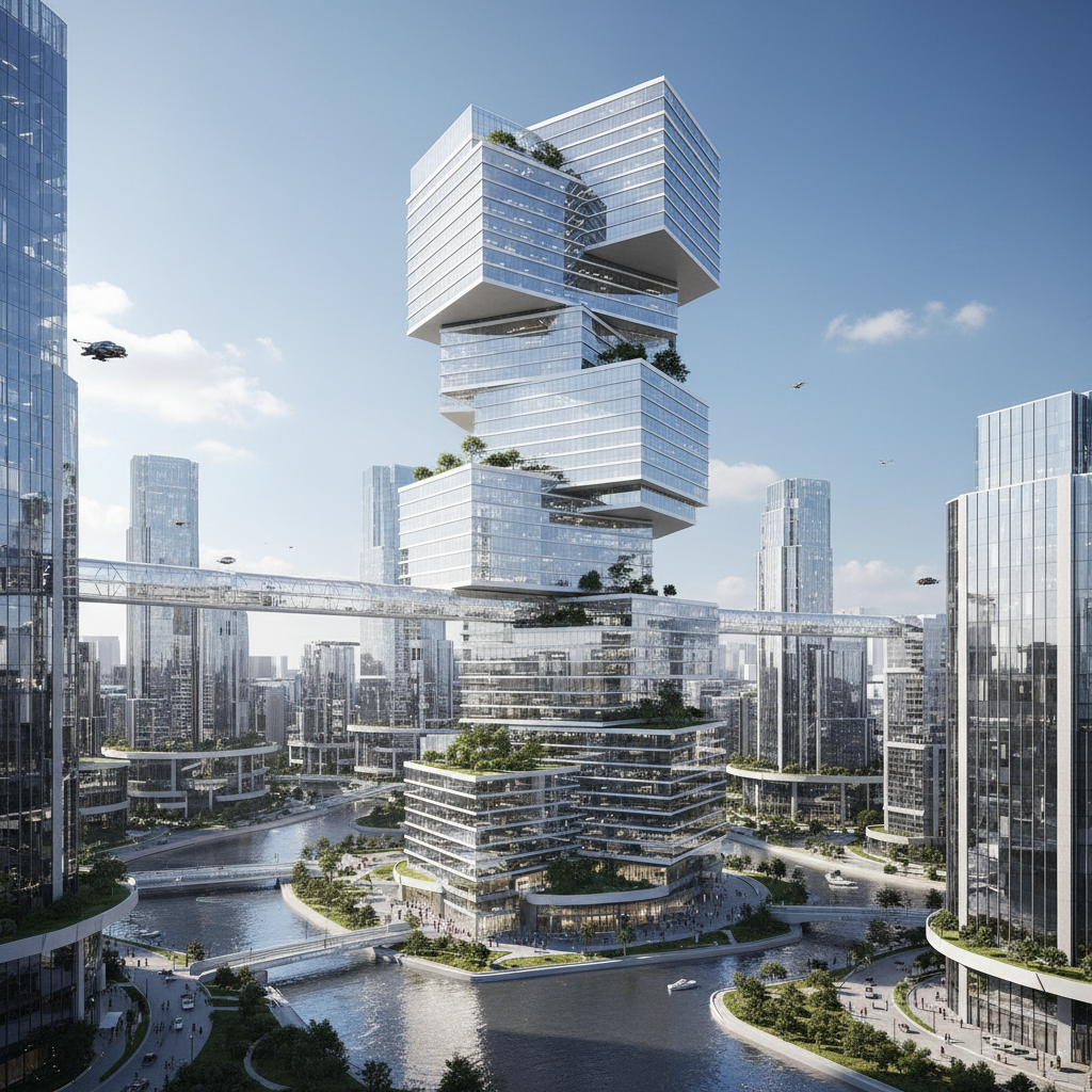 A modern, spacious office building with a sleek design, representing growth and innovation. The building is surrounded by a vibrant, futuristic city landscape during daytime. Style: architectural rendering, high contrast, clean lines. Background: bustling city with natural light. No visible text.