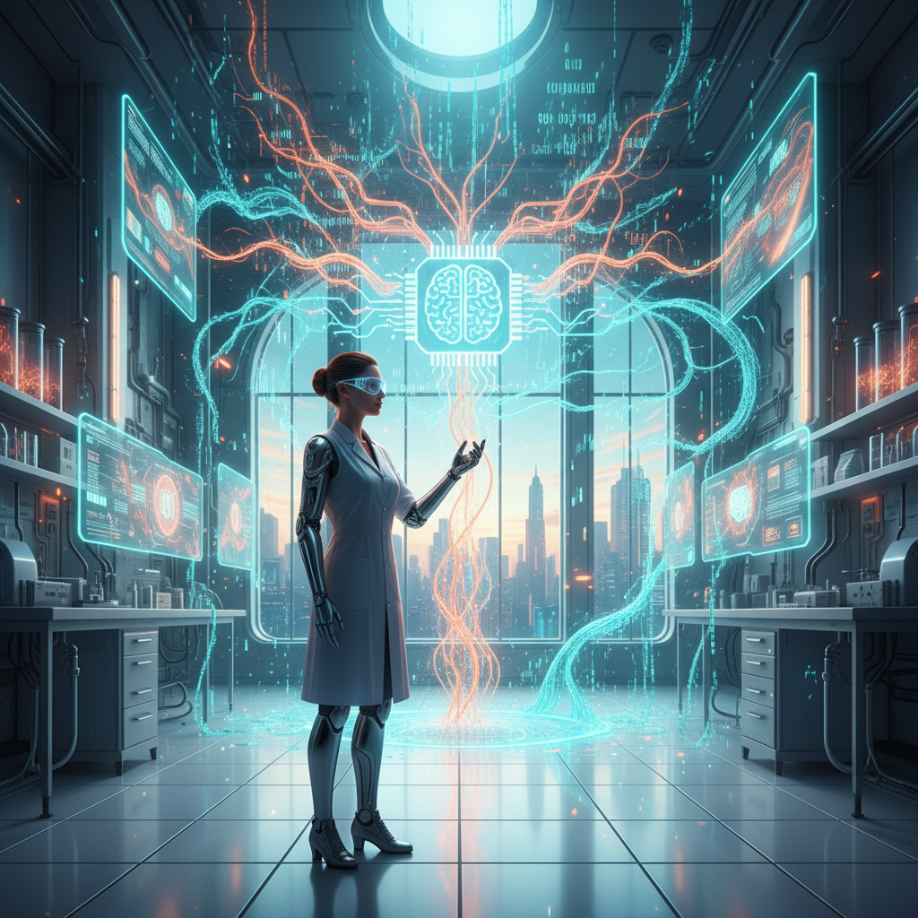 Futuristic AI development concept, holographic interface with flowing data streams, scientist working with advanced technology, bright laboratory environment, optimistic atmosphere, blend of human and artificial intelligence elements, rich teal and orange color palette