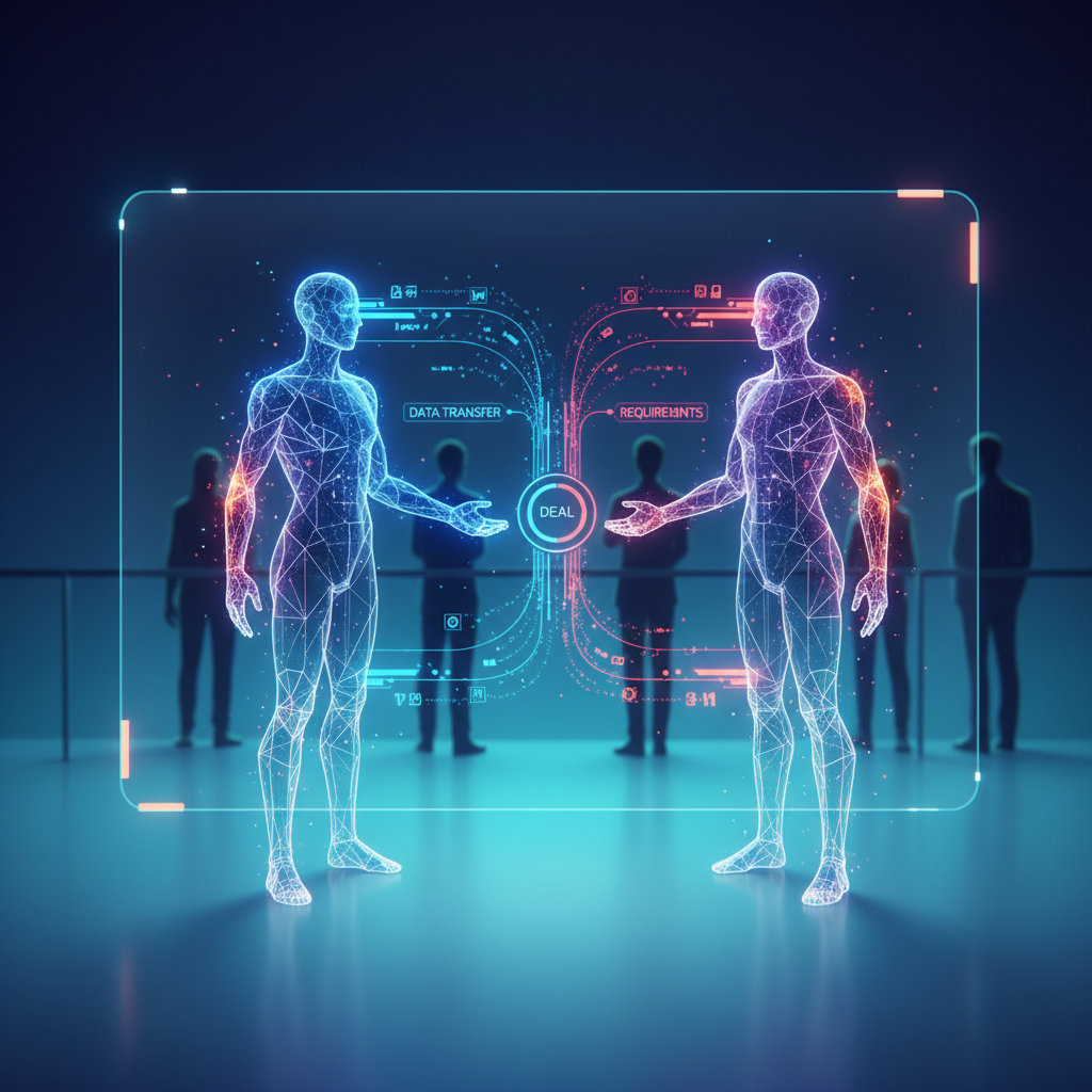 A futuristic infographic showing two AI agents making a deal, with data and requirements flowing between them. Human figures are in the background, observing. Style: futuristic, clean, high contrast, with a gradient background, no text.
