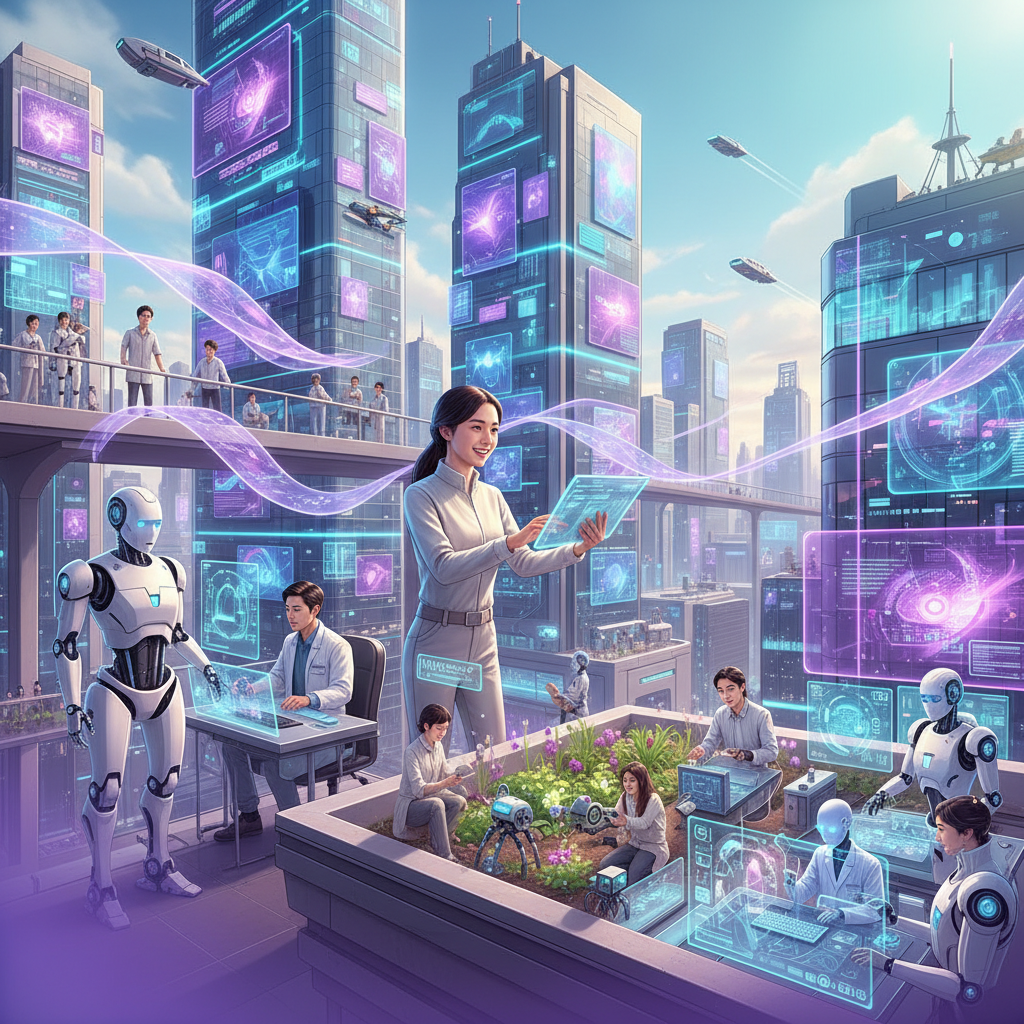 Futuristic vision of AI agents and robots working alongside humans in various environments, Korean appearance people interacting with advanced technology, vibrant cityscape with holographic displays, gradient purple and cyan background, optimistic future atmosphere, bright balanced lighting, no text