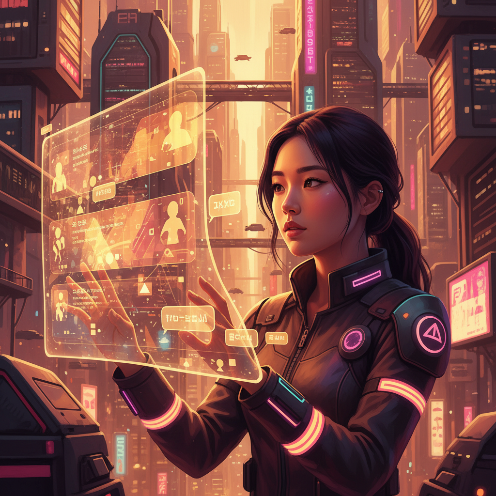 Futuristic scene showing human and AI interaction on digital platforms, person looking at holographic social media feed with mixed human and bot comments, cyberpunk aesthetic but warm colors, Korean person, realistic digital art style, no text in image