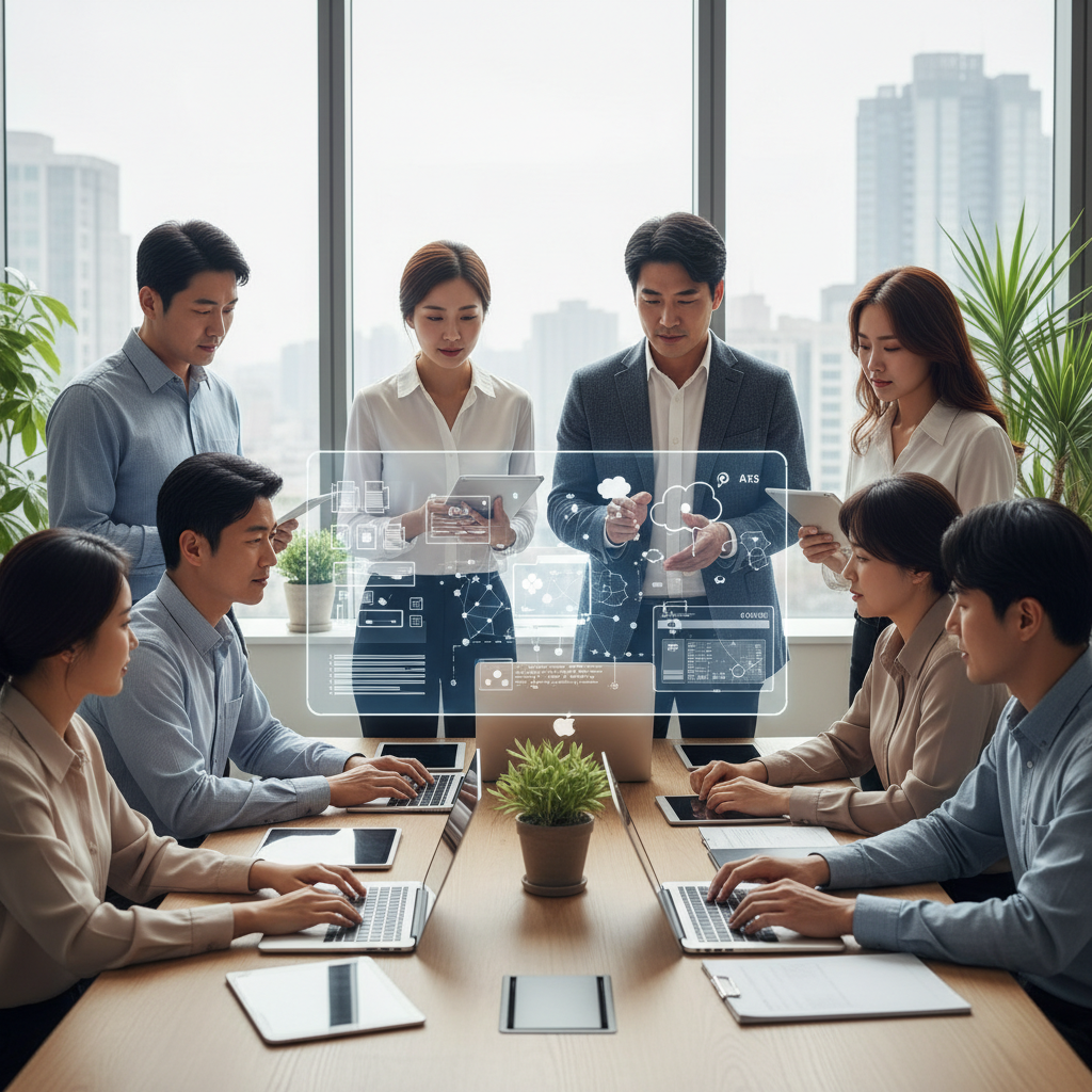 A diverse group of Korean professionals collaboratively working on a shared digital workspace projected on a large screen, showing various files and AI assistant prompts. The scene is set in a modern, brightly lit office environment. Lifestyle photography style, natural expressions, centered focus. No visible text.