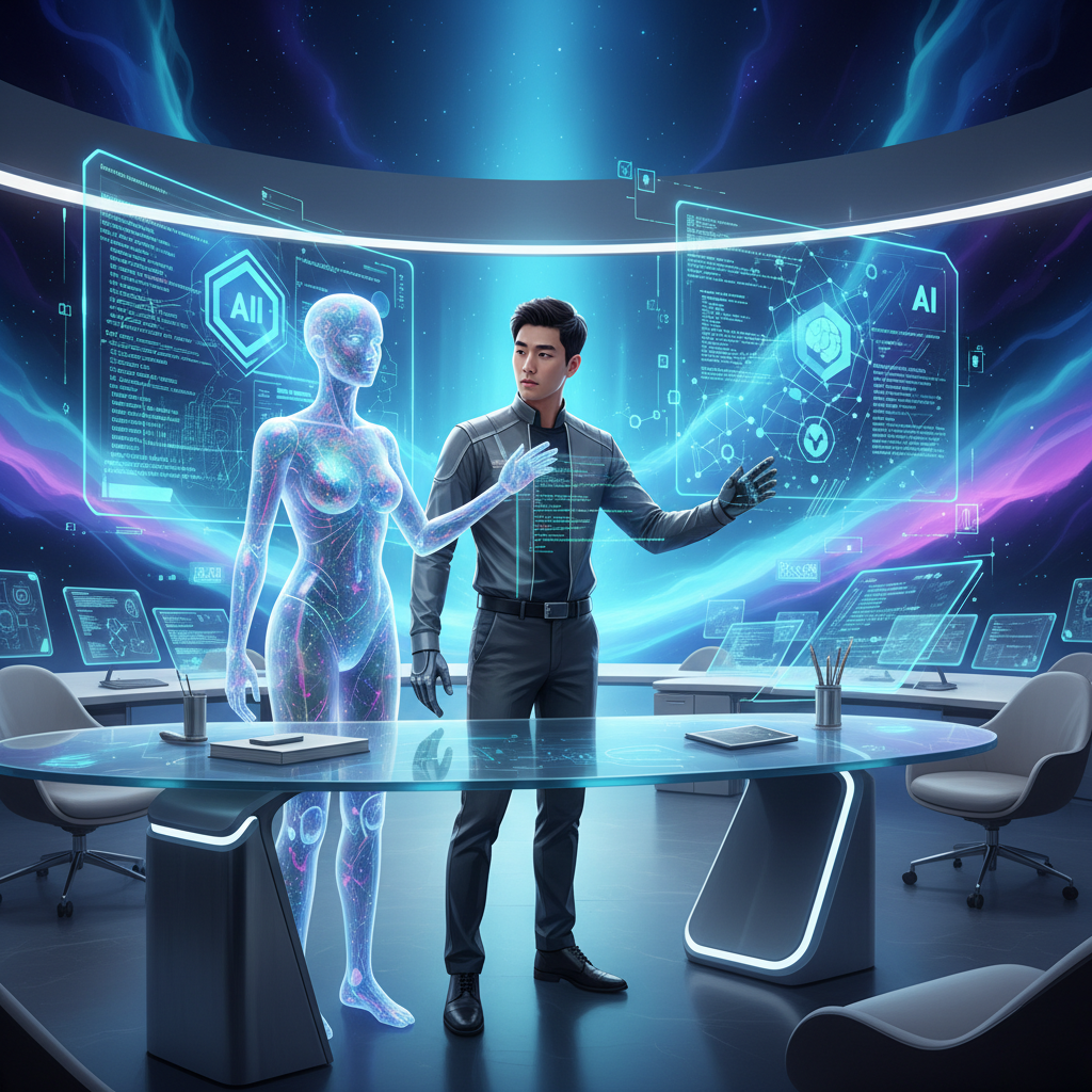 An artistic rendering of a futuristic development studio with holographic interfaces displaying code and AI symbols, a Korean developer collaborating with an AI assistant. Bright, balanced lighting, modern design, gradient background, no text. Centered focus.