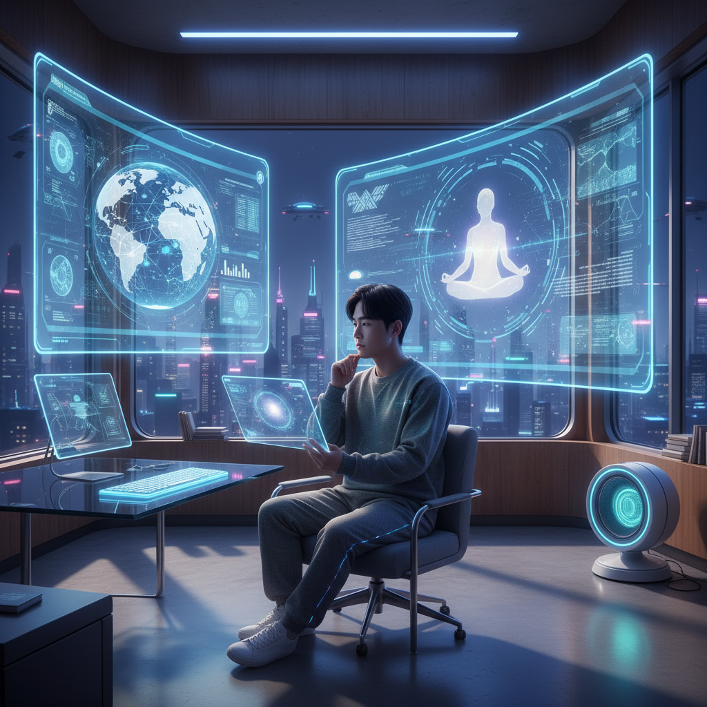 Futuristic scene showing a person in modern minimalist room with holographic elements, soft blue and purple neon lighting, contemplative mood, advanced technology seamlessly integrated into daily life, Korean person looking thoughtful, warm and cool tones balanced, cinematic atmosphere, no text