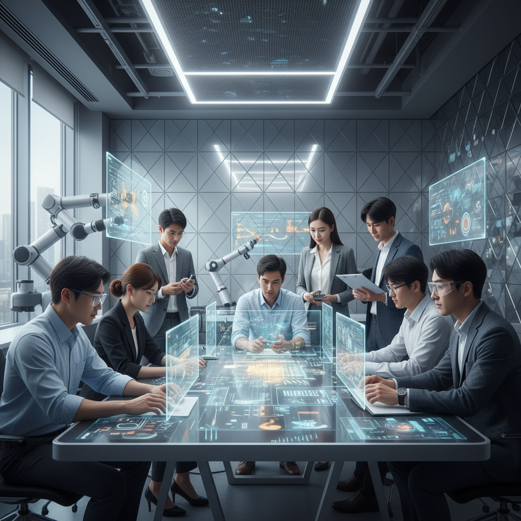A group of diverse people from different countries (some with Korean appearance) collaborating on advanced technology projects, symbolizing international cooperation and innovation. The setting is a modern, clean lab or office space, with a bright and hopeful atmosphere and a textured background. No text, artistic rendering, centered focus.