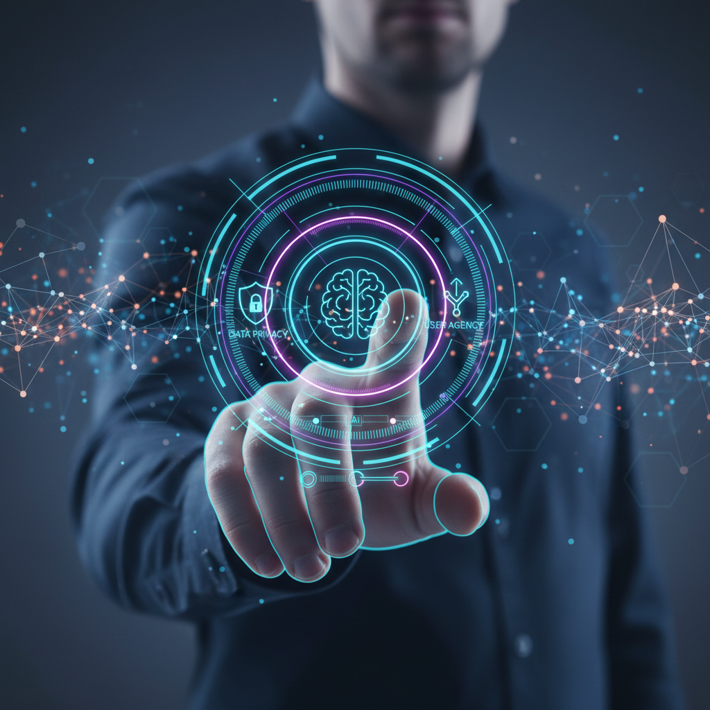 A futuristic, clean infographic showing a person's hand interacting with a holographic interface displaying options related to data privacy and AI usage. The background is a soft, glowing digital landscape with interconnected nodes, symbolizing the complexities of the digital world. The focus is on user agency and choice within a dynamic technological environment. No visible text, modern layout, high contrast.