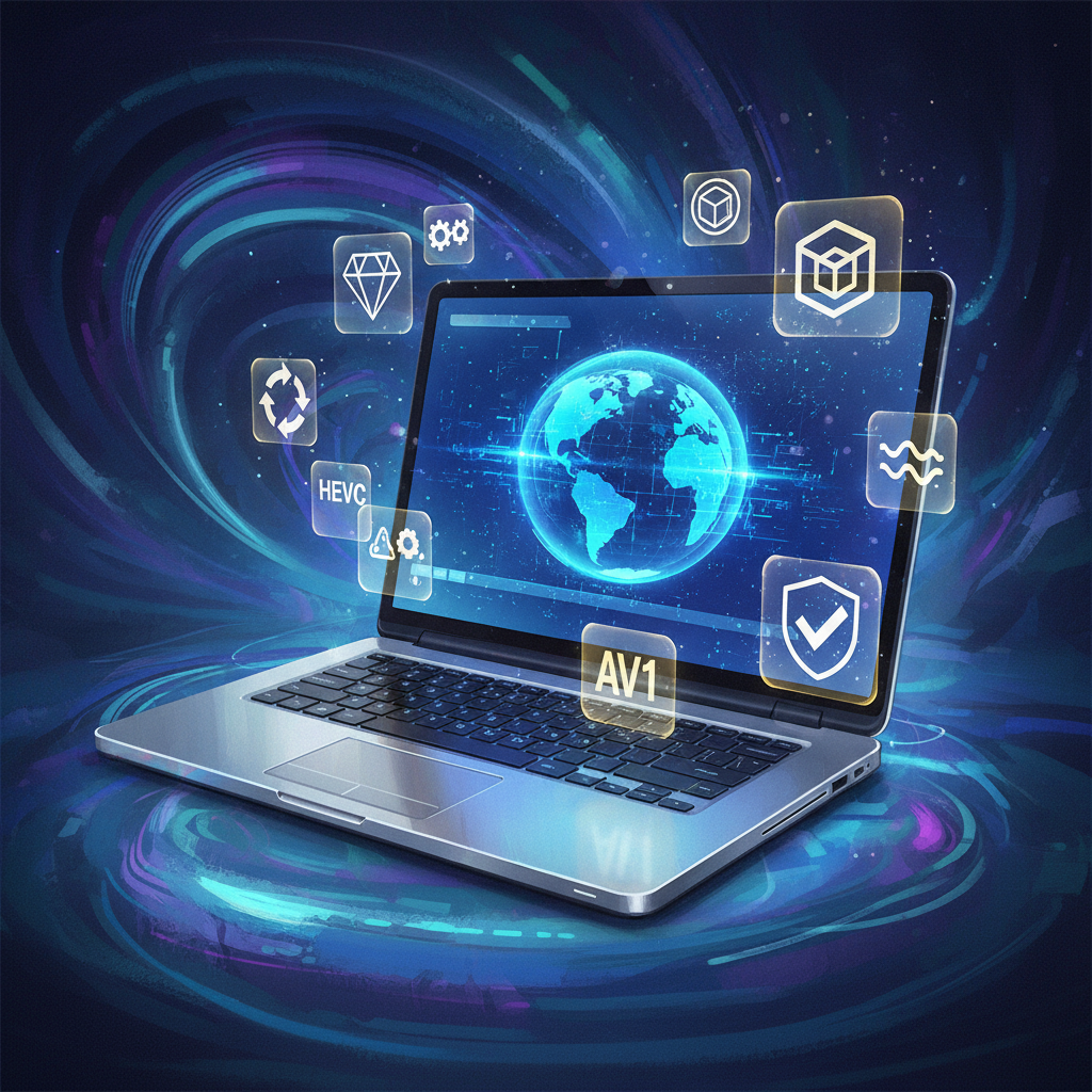 A futuristic, sleek laptop displaying a high-resolution video, surrounded by floating holographic icons representing different video codecs and compatibility symbols. Style: illustration, artistic rendering, textured background, bright lighting. No visible text in image. No Korean characters.