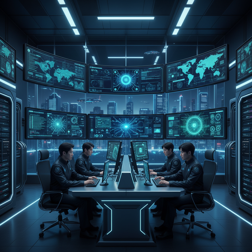 Futuristic cybersecurity operations center with multiple analysts monitoring AI-powered defense systems. Large curved screens displaying network security visualizations and threat maps. Blue and green ambient lighting creating professional atmosphere. Korean appearance team members collaborating. Modern architecture with glass walls, high-tech equipment, centered wide shot, no text.