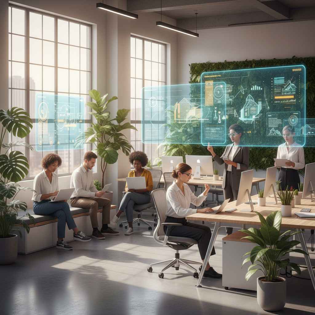 Collaborative research environment with multiple people working with AI assistants in a bright modern office. Holographic displays showing data and documents. Natural warm lighting with soft shadows. Contemporary workspace with plants and natural elements. No text.