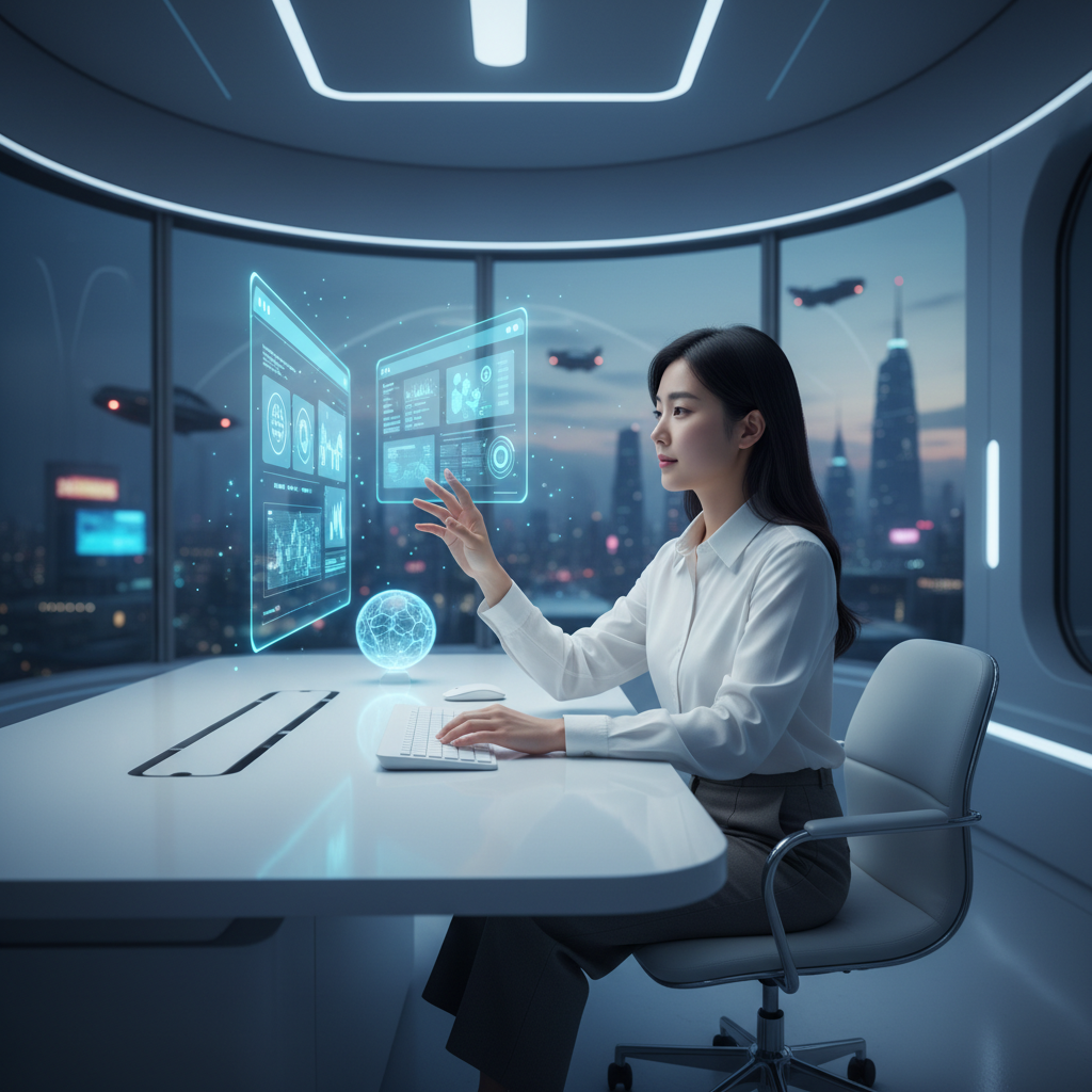 A futuristic scene showing a person using an AI-powered browser with holographic interface elements and smart assistance features, modern minimalist workspace, soft blue lighting, Korean user interacting naturally with technology, no text in image