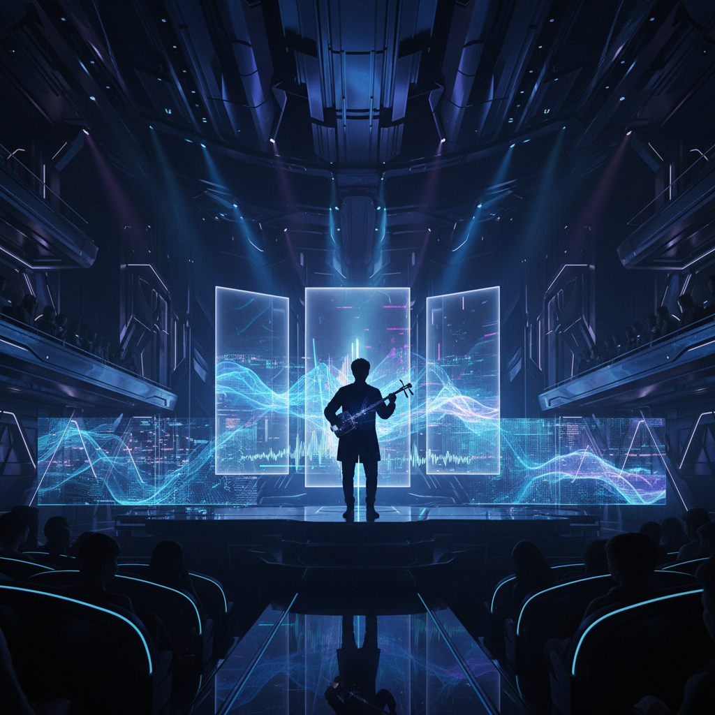 A futuristic music scene blending traditional instruments with digital elements, holographic displays showing sound waves, musician silhouette in atmospheric lighting with blue and purple tones, modern concert hall setting, cinematic composition, rich textures and depth, no text