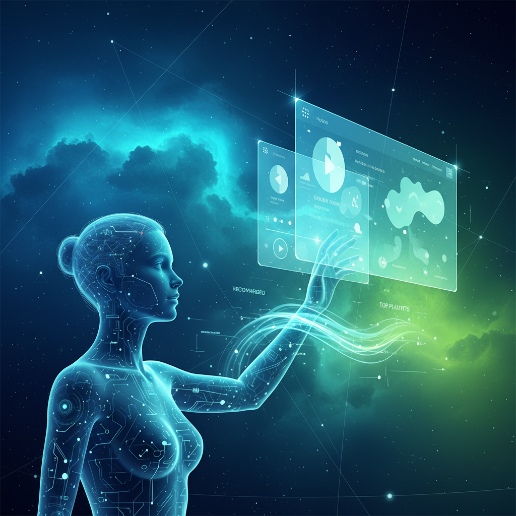 A futuristic illustration of a person interacting with a holographic interface displaying music playlists and recommendations. The background is a soft, glowing gradient of blues and greens, evoking innovation and advanced technology. No text.