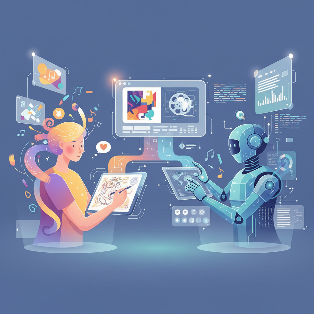 A conceptual infographic showing two figures, one human and one stylized AI robot, working collaboratively but with distinct roles on a creative project (e.g., film production, writing). The human figure is shown with more emotional and artistic elements, while the AI robot handles data and technical aspects. They are in a futuristic studio environment. Style: clean infographic. No text.