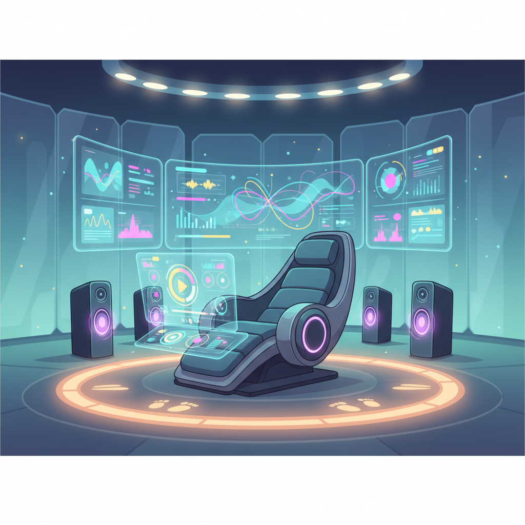 Futuristic podcast listening environment with multiple screens, smart speakers, and interactive elements, modern technology setup, ambient lighting, clean infographic style illustration, no text