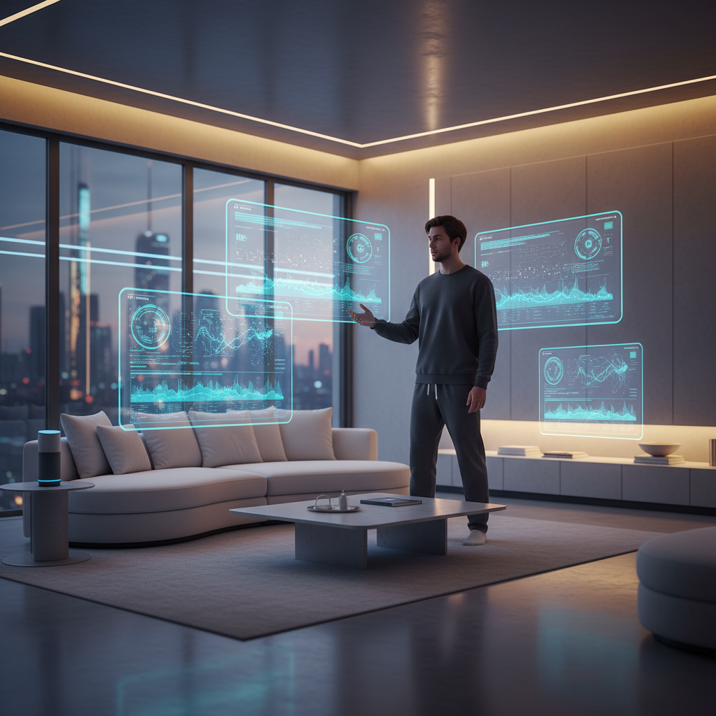 A futuristic living room scene with holographic AI interface elements floating in the air, person interacting naturally with voice assistant, warm ambient lighting mixed with cool blue tech glow, modern minimalist interior, lifestyle photography meets sci-fi aesthetic, rich atmospheric details, no text