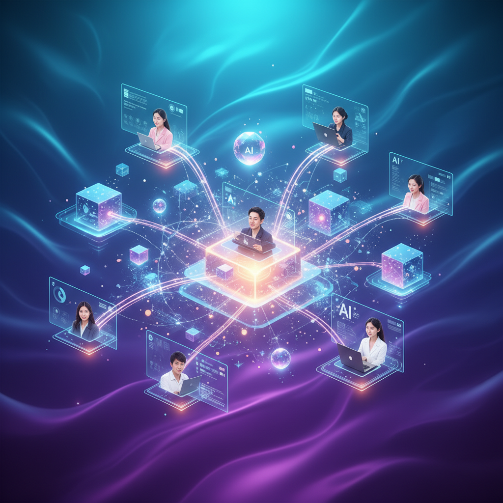 Futuristic social platform visualization with interconnected user nodes and AI elements, vibrant digital network atmosphere, Korean appearance users in various collaborative scenes, rich gradient background from purple to cyan, modern tech aesthetic, warm lighting, centered composition, no text