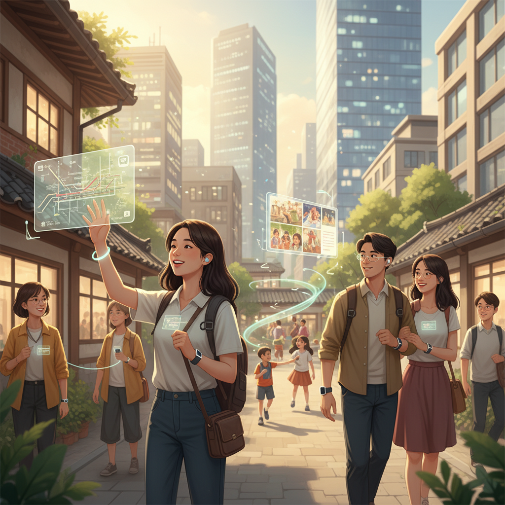 Futuristic lifestyle illustration of diverse people using wearable AI technology in daily life, Korean urban setting, natural interactions with invisible interfaces, ambient computing concept, warm and approachable atmosphere, soft focus background, no text in image