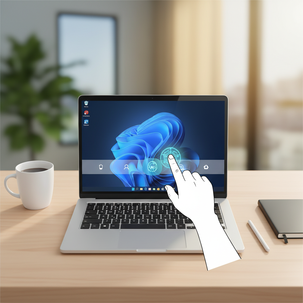 An overhead view of a modern desk with a laptop displaying the Windows 11 taskbar. A small, stylized AI agent icon is subtly integrated into the taskbar, radiating a soft glow. The user's hand is hovering over the icon, suggesting interaction. The background is a blurred office environment with warm, natural lighting. No visible text. Style: clean infographic, modern layout, high contrast. No empty margins, bright, balanced lighting.