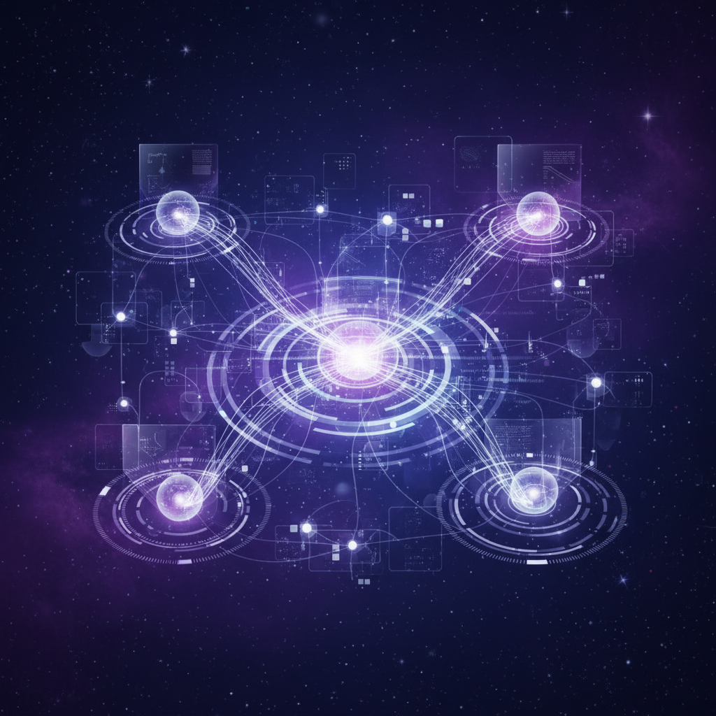 Futuristic cloud security network visualization with interconnected nodes and encrypted pathways, glowing holographic elements in purple and blue gradient space, advanced technology concept showing data protection layers, centered composition with depth, bright balanced lighting, no visible text