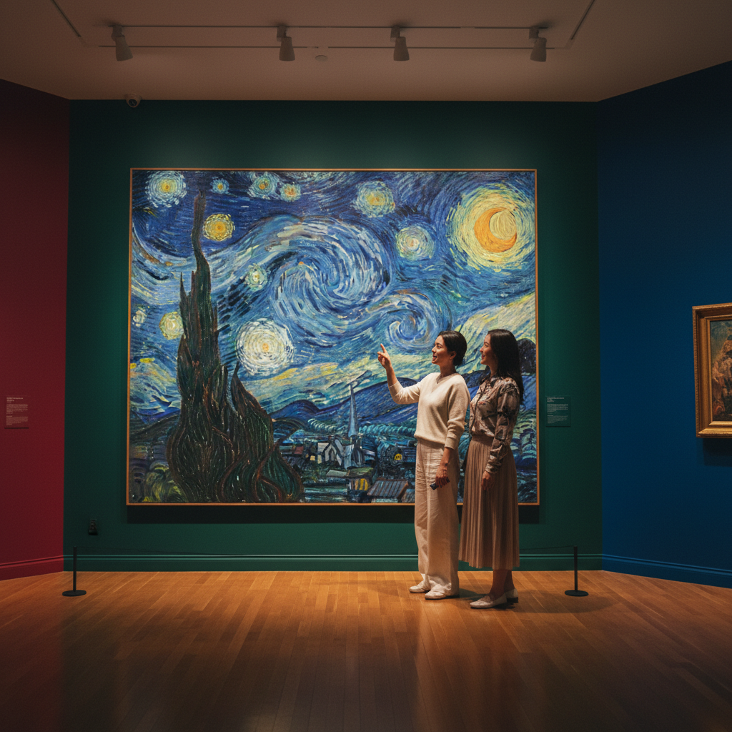 Two Korean women standing in an art gallery, looking at a large impressionist painting with starry night sky, warm museum lighting, wooden floor, rich colored walls, lifestyle photography, natural expressions, inviting atmosphere, no text