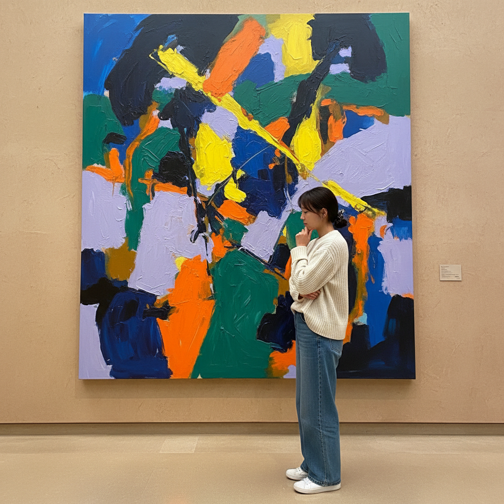 Korean woman in casual clothing standing alone in front of a large colorful abstract painting, contemplative pose, soft gallery lighting, textured museum wall with warm beige tones, peaceful atmosphere, lifestyle photography, natural moment, no text