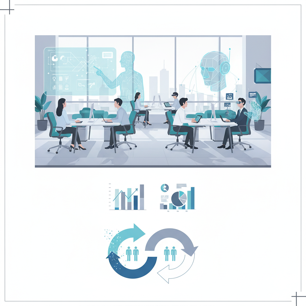 Clean infographic showing a modern office environment where AI agents (represented by subtle digital elements) and human employees work collaboratively. Focus on synergy and efficiency with a modern layout and high contrast. No text. Korean appearance people.
