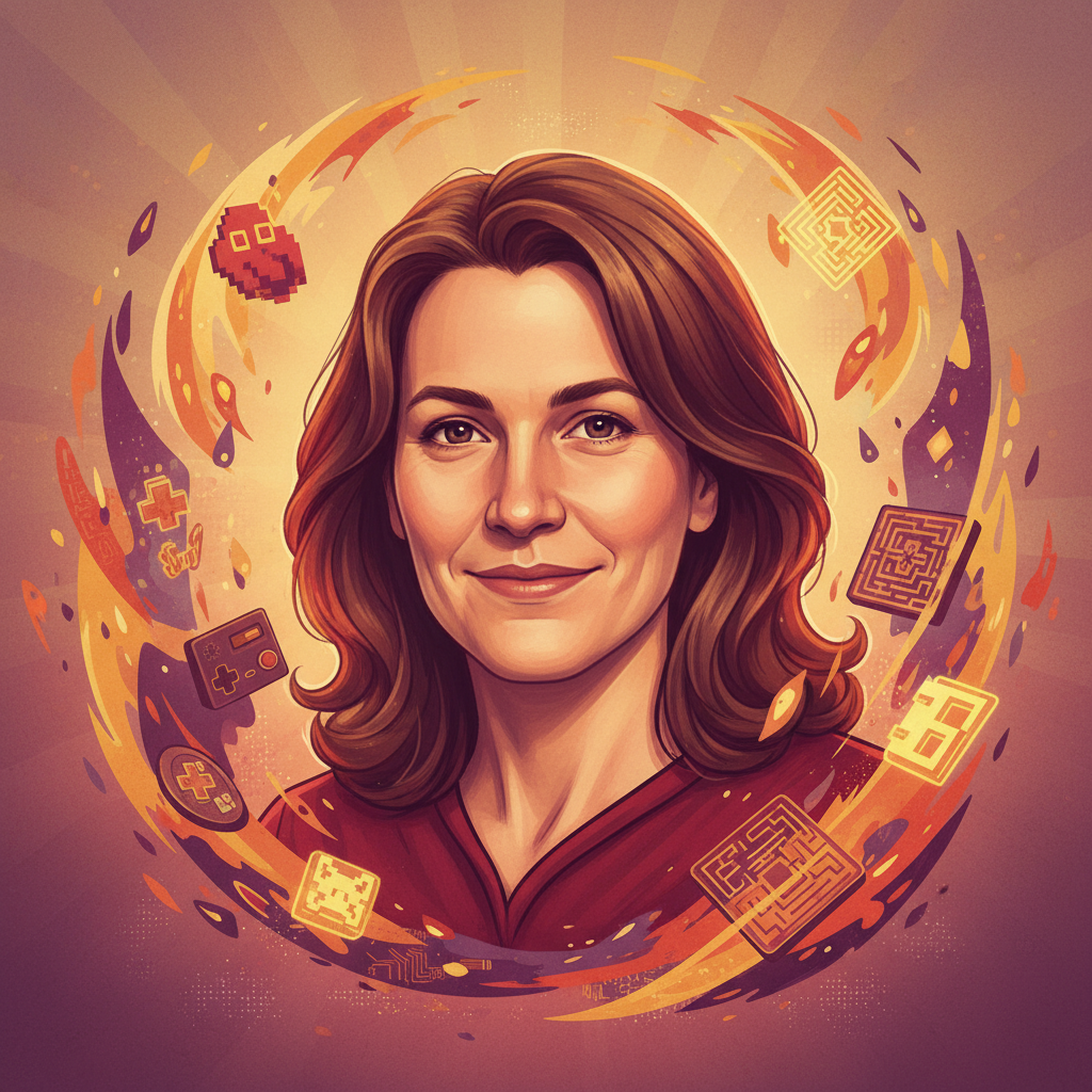 A vibrant, warm-toned illustration of Rebecca Heineman, a pioneering game developer, with a gentle smile. She is surrounded by abstract representations of classic video game elements, hinting at her legacy. The background is a soft gradient, full of subtle textures. No visible text, focused on her kind and intelligent expression. Style: artistic rendering.