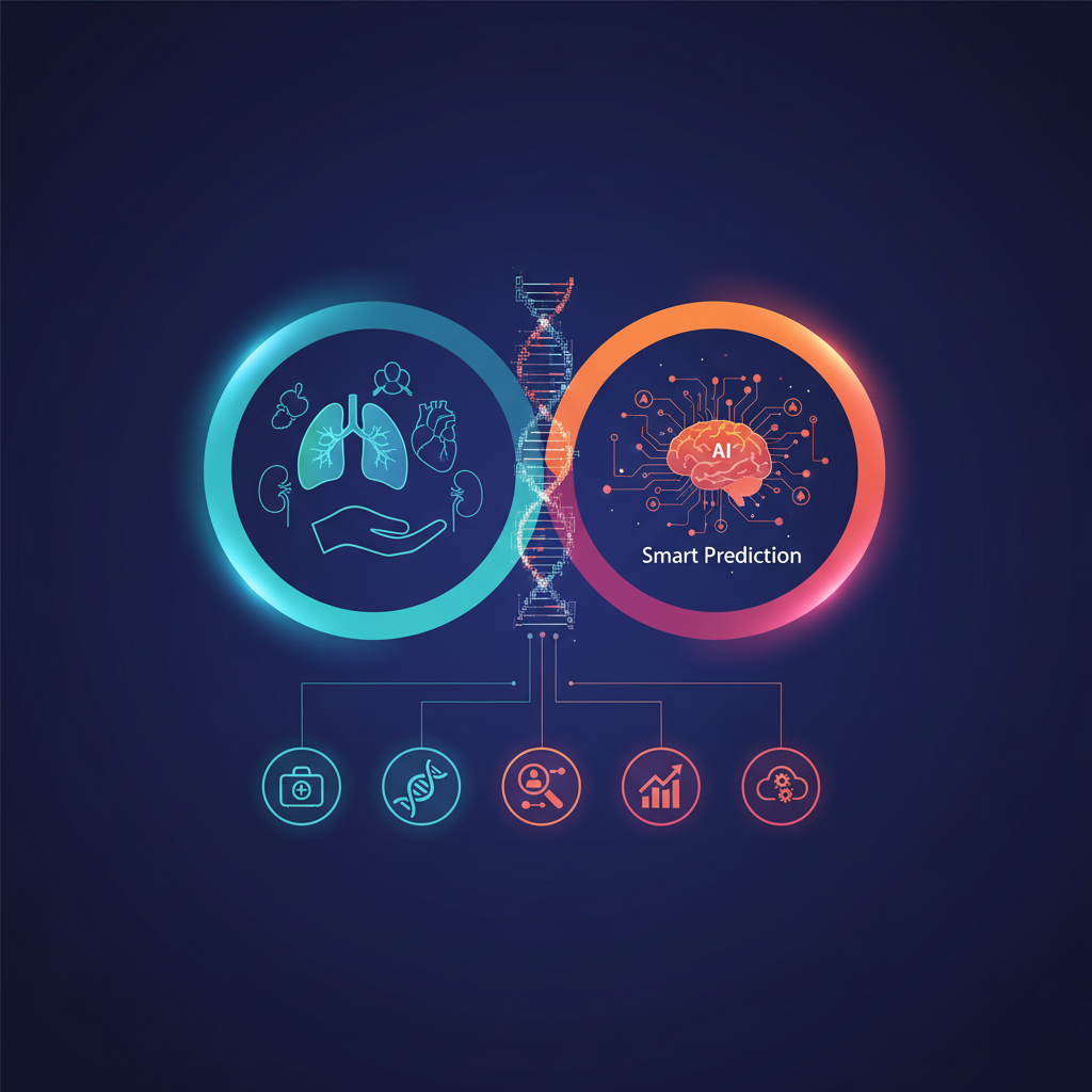 Clean infographic showing the integration of medical science and AI, with elements representing organ donation and smart prediction. Modern layout, high contrast, colored background. No text.