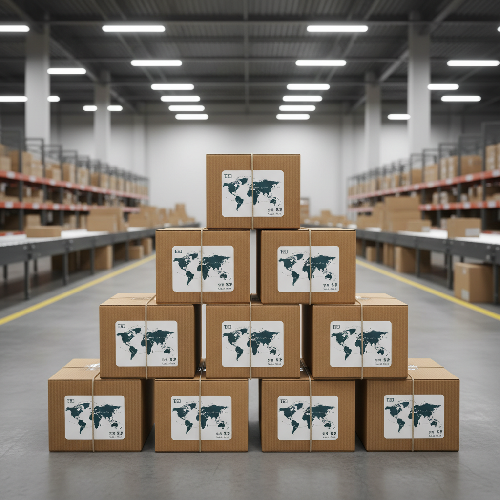 Multiple small cardboard packages with shipping labels stacked together, conveying the concept of affordable international e-commerce delivery, clean warehouse or delivery center background, organized arrangement, professional logistics photography, bright commercial lighting, no text in image