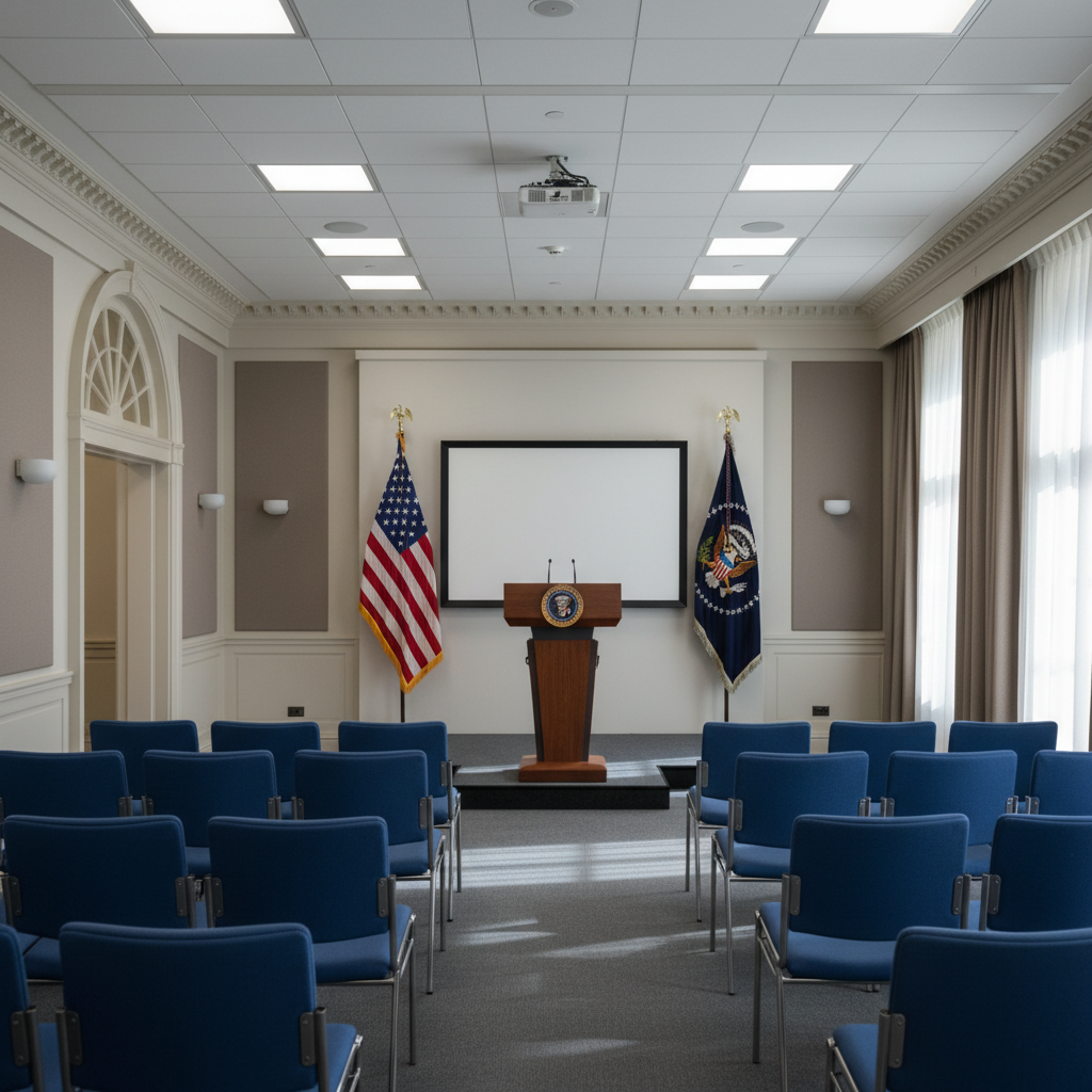 Empty White House press briefing room with podium and chairs, professional government setting, American flags in background, formal atmosphere with soft lighting, architectural photography style, no text in image