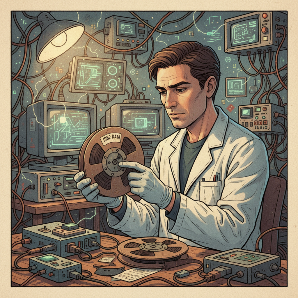 illustration, artistic rendering, textured background, depicting a modern researcher carefully handling old magnetic tapes from 1982, with a complex data recovery setup in the background, symbolizing the painstaking process of digital archaeology to uncover historical information. No text.