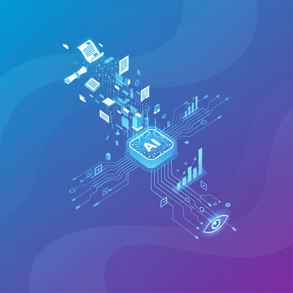 A dynamic infographic showing legal documents transforming into digital data with AI elements, representing innovation in the legal tech industry. The background is a gradient of blue and purple. No text, clean modern design.