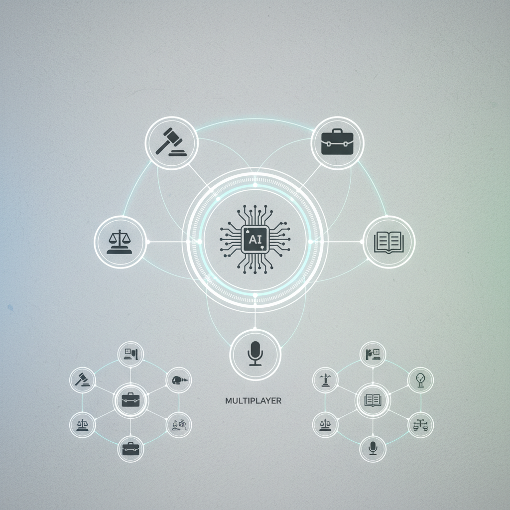 A modern infographic showing interconnected legal professionals (represented by simple icons) collaborating with AI assistance, illustrating a 'multiplayer platform' concept. Clean design with a textured background and subtle gradients. No text.
