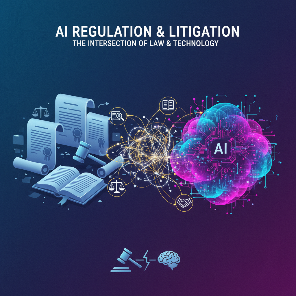 An infographic depicting legal documents and abstract representations of AI technology, suggesting the complexities of AI regulation and potential litigation. The image has a clean, modern layout with high contrast. Textured background with deep blues and purples, no empty margins.