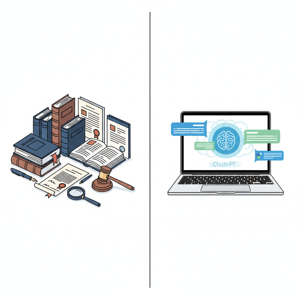 A split image showing legal documents and a laptop displaying ChatGPT's interface side-by-side. One side emphasizes the seriousness of legal work, the other the digital nature of AI. Style: clean infographic. No text.