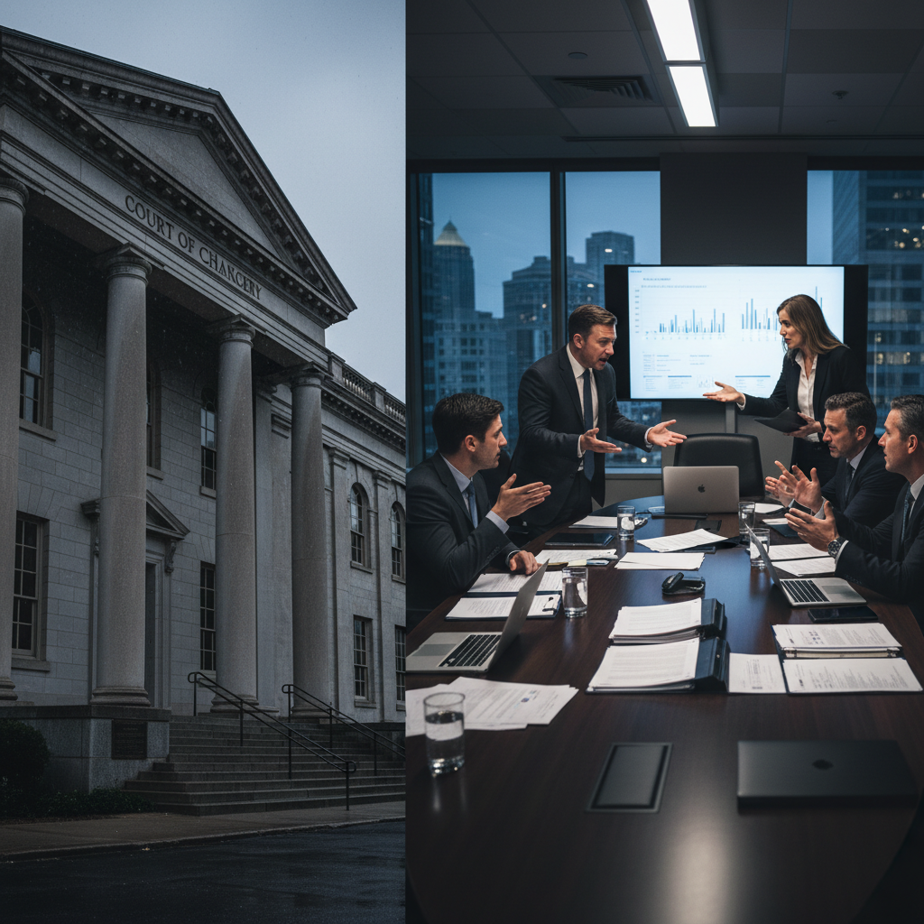 Split composition showing Delaware courthouse exterior and corporate boardroom discussion, legal documents and business people in debate, professional journalism photography style, dramatic lighting emphasizing tension, no text in image