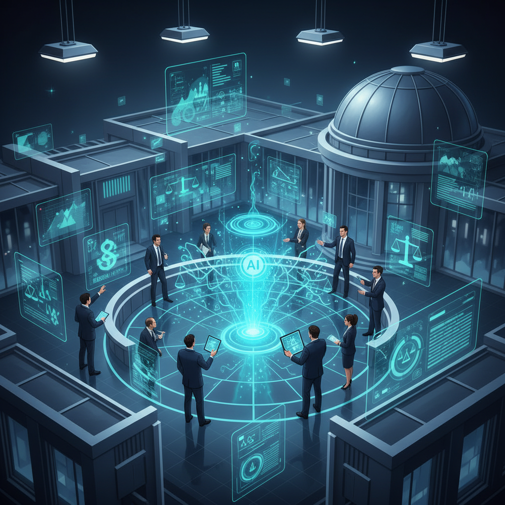 A dynamic illustration showing a courthouse with a digital overlay. Lawyers in suits are debating around a glowing AI interface. One side is holding a document with "Federal Law" and the other "State Law." Intense, focused atmosphere with modern office lighting. Style: clean infographic, modern layout, high contrast. No visible text.