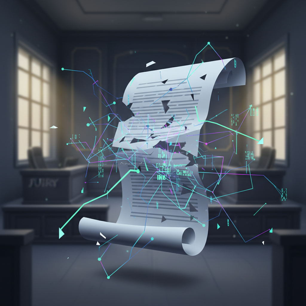 A digital illustration showing a distorted legal document with abstract, glowing lines emanating from it, representing AI hallucinations. A blurred courtroom in the background suggests a serious environment. Style: modern, high contrast, clean infographic.