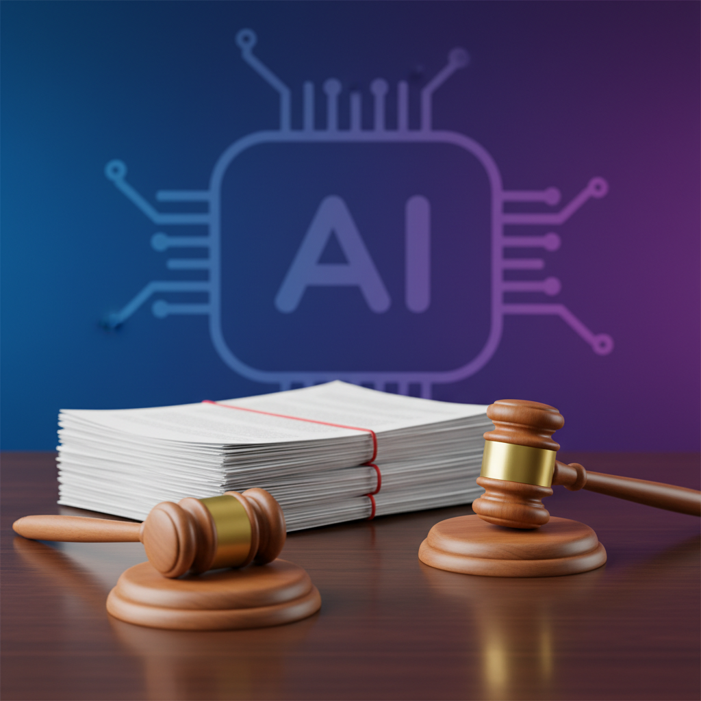 A courtroom scene with legal documents and gavels on a wooden desk, with a subtle, stylized AI chip or logo in the blurred background. Clean infographic, modern layout, high contrast, colored background. No visible text in image.