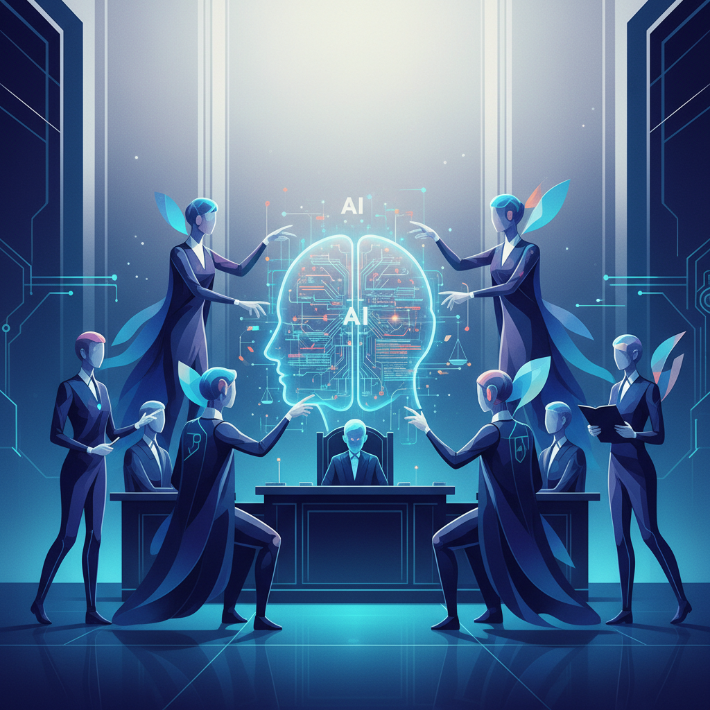 A stylized illustration depicting a futuristic courtroom scene. Abstract figures representing legal entities are deliberating over a holographic projection of an AI algorithm, symbolizing the intersection of law and technology. The background is a sophisticated, textured gradient, and the lighting is balanced. No text, centered focus, full frame.