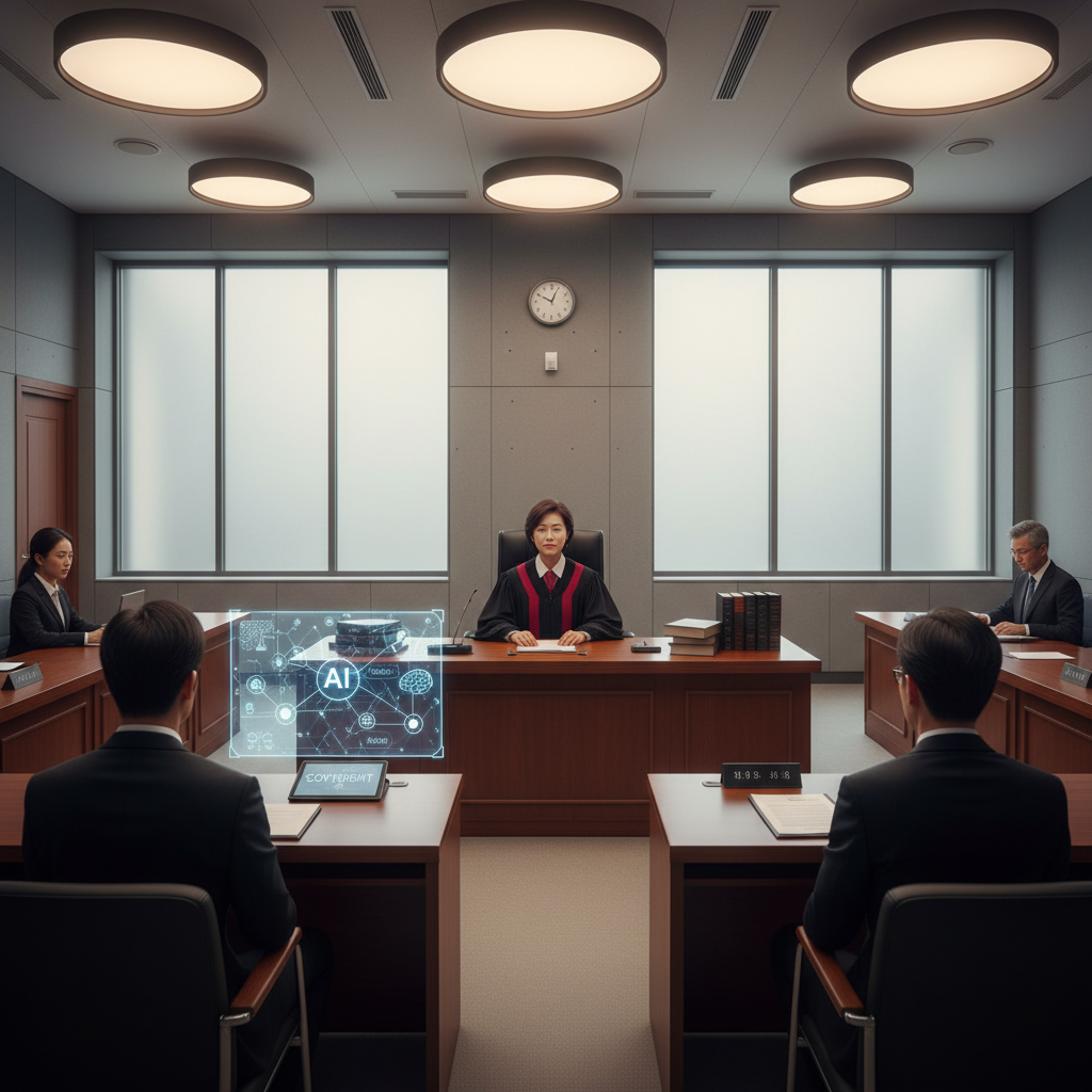 A modern courtroom scene with AI technology symbols and copyright documents on the judge's desk, professional legal atmosphere with soft lighting, photorealistic style, Korean setting, no text in image