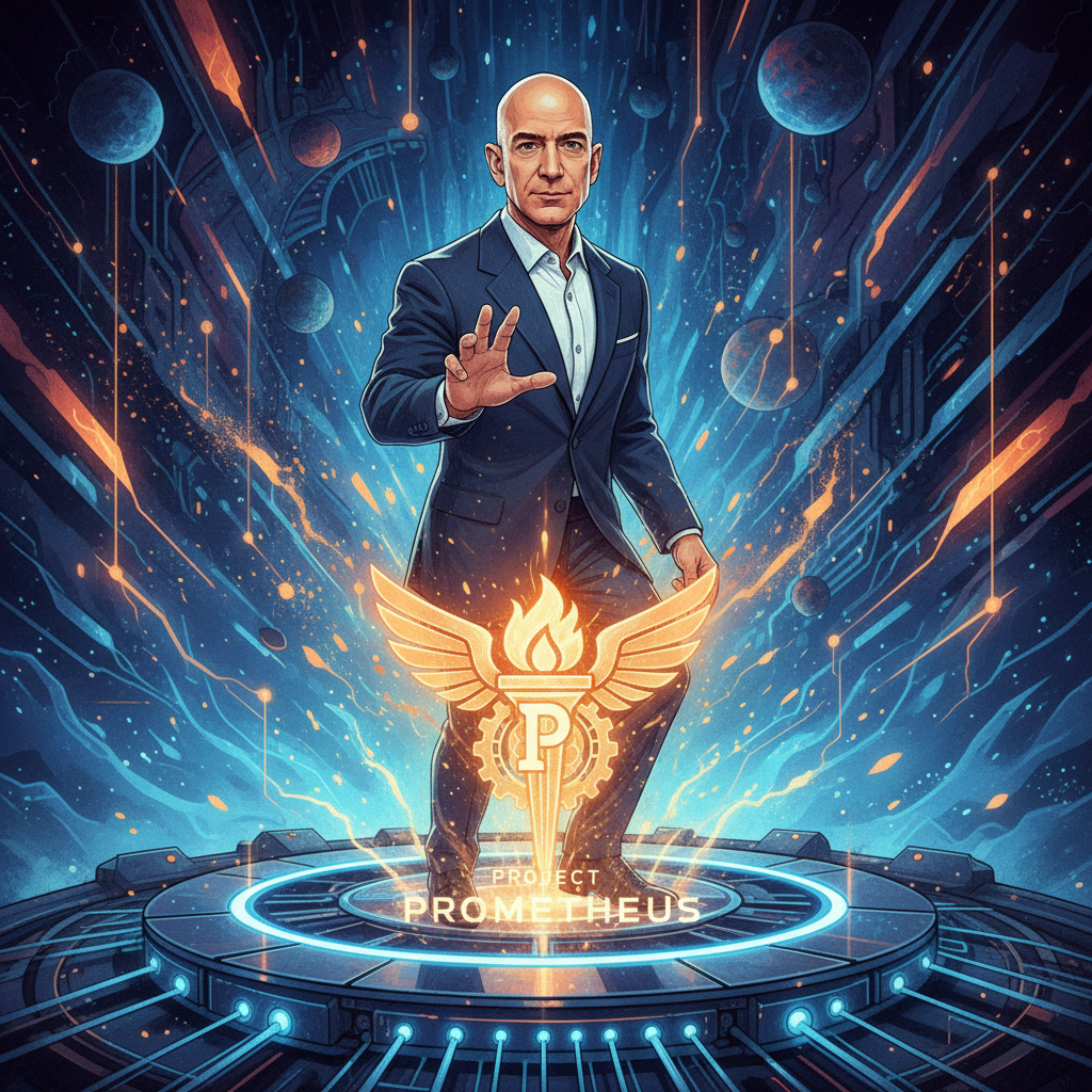 An illustration of Jeff Bezos, looking visionary, stepping onto a stage where a glowing "Project Prometheus" emblem emerges. The atmosphere is innovative and dynamic. Artistic rendering, textured background, no visible text.