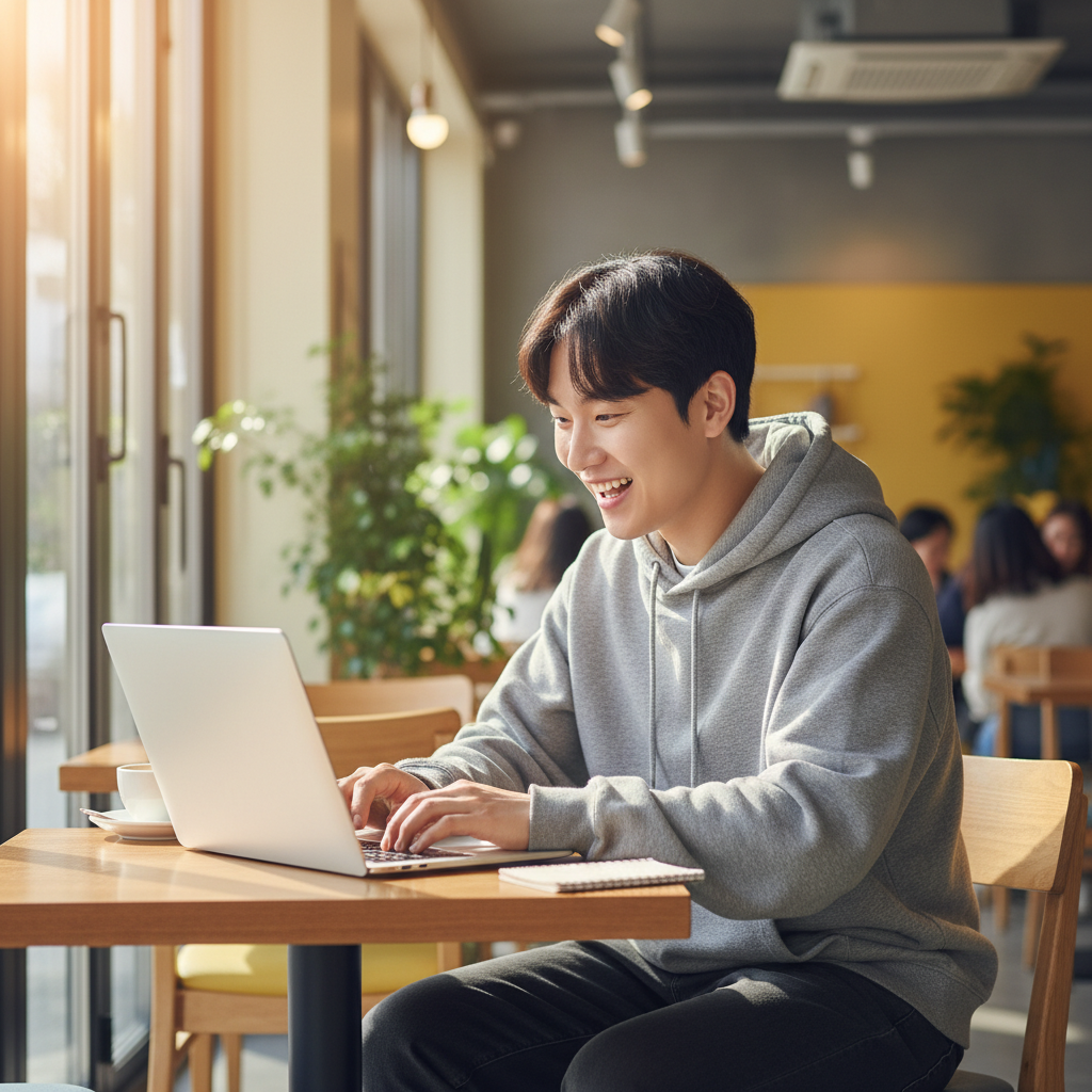 Developer testing new software on laptop with excited expression, modern coffee shop setting, warm natural lighting from window, vibrant green and yellow background tones, lifestyle photography, Korean appearance, casual attire, engaging atmosphere, no text in image