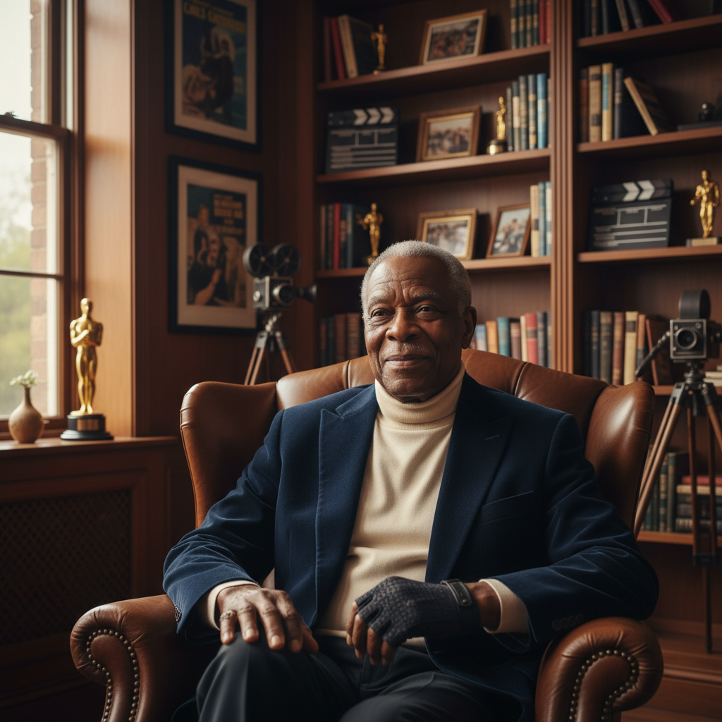 Warm portrait of a seasoned African American actor in his 80s wearing compression glove, sitting in elegant study with film memorabilia, soft natural window lighting, rich mahogany and amber tones background, inspirational mood, lifestyle photography, no text