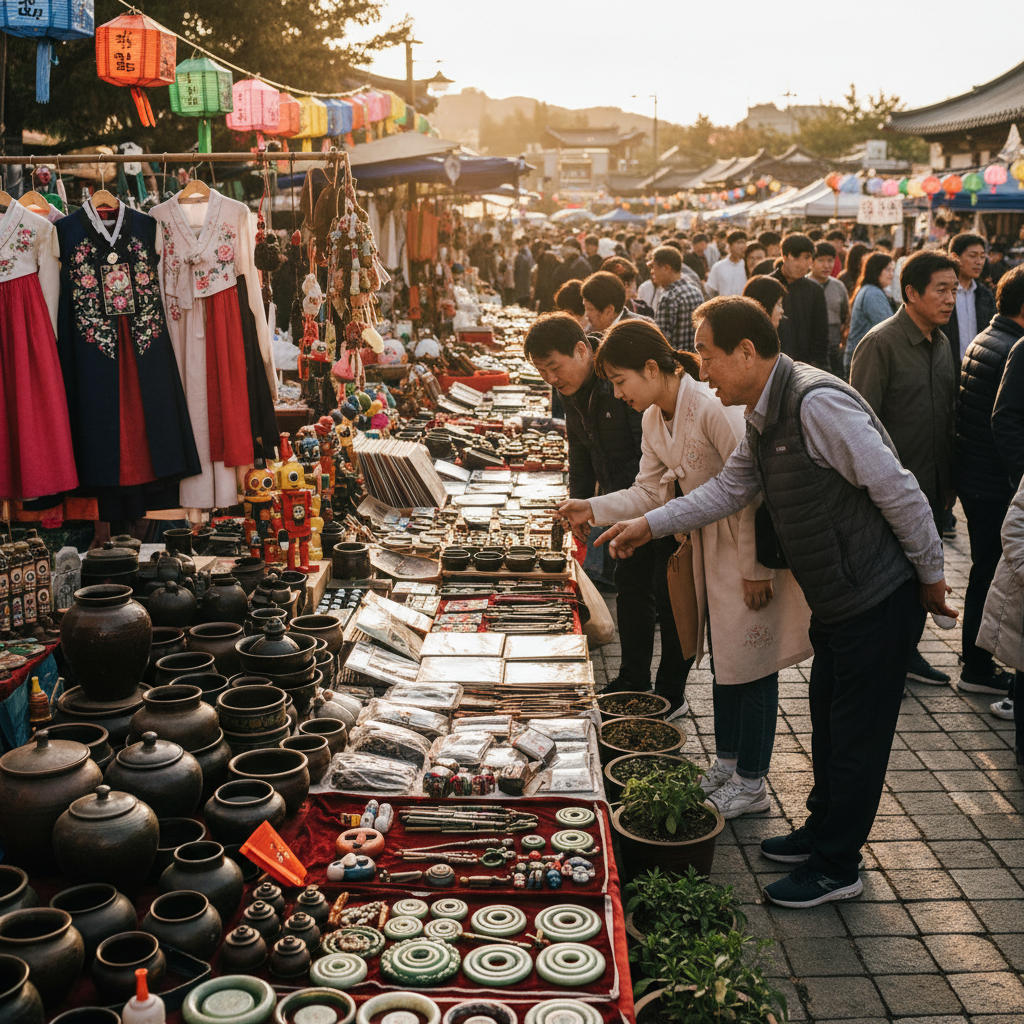 A vibrant scene at a Korean flea market, with diverse interesting objects (antiques, unique crafts) on display, and Korean people curiously browsing. Focus on the 'stuff' and the atmosphere. Lifestyle photography, rich details, no text.