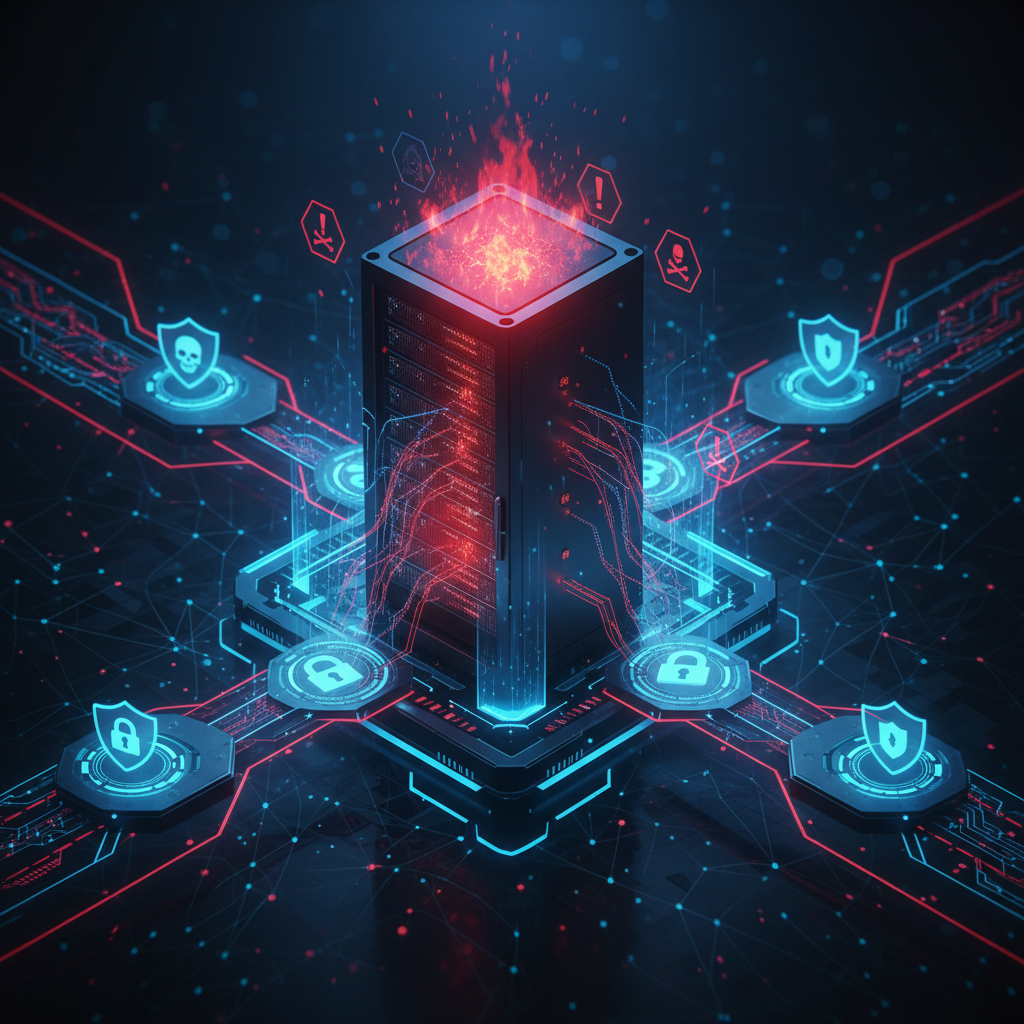 Digital security concept illustration showing a government database with glowing red warning symbols, encrypted data streams flowing through protected channels, cybersecurity shields and locks, dark blue and red color scheme with dramatic lighting, modern tech aesthetic, no text in image