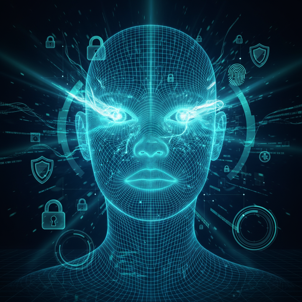 Conceptual illustration of digital security and biometric authentication, showing Face ID scanning process with abstract glowing blue and green light patterns, modern tech aesthetic, floating security icons and encrypted data symbols, dark gradient background with cyan accents, futuristic digital interface elements, no text
