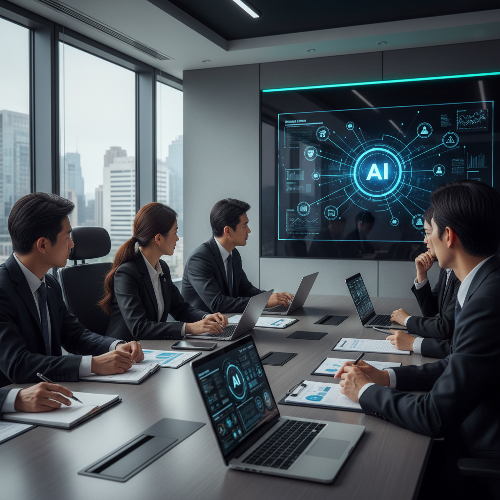 Cybersecurity experts discussing AI threats in a modern conference room, diverse group of professionals, serious expressions, laptops and security reports on table, natural office lighting, professional business setting, Korean participants, no text in image